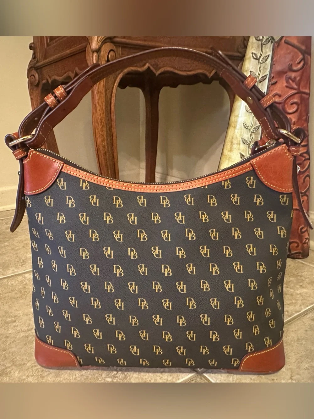 Dooney Bourke Brown Gretta DB Logo Monogram Hobo Shoulder Bag